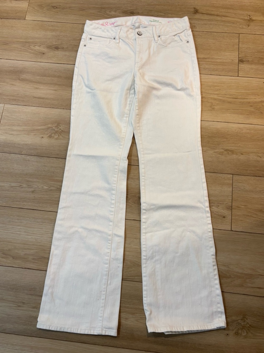 Lilly Pulitzer White Babe Boot Cut Jeans prep cotton stretch Size 8 32” inseam